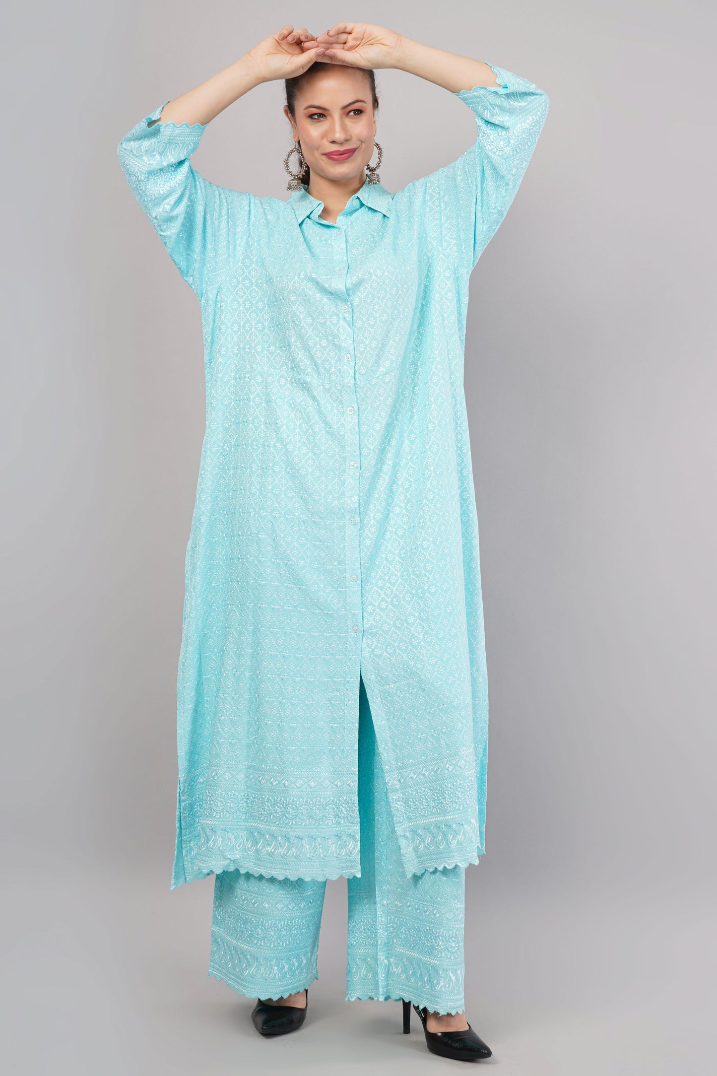 Sky Blue Ethnic Print Co-ord Set | Longline Tunic Shirt with Embroidery