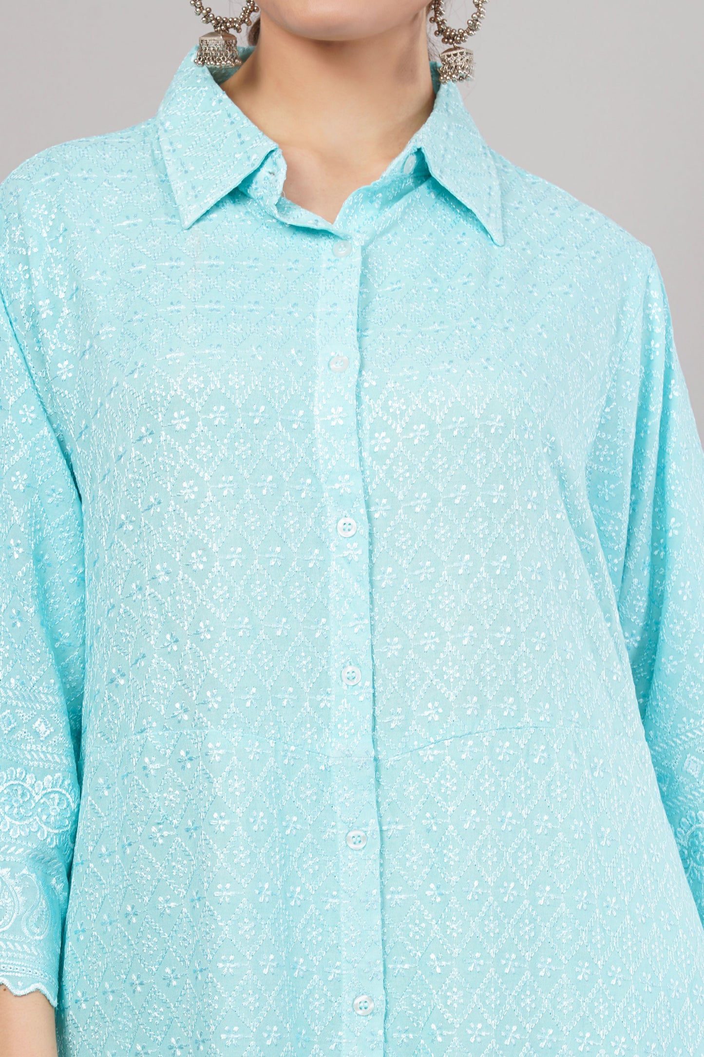 Sky Blue Ethnic Print Co-ord Set | Longline Tunic Shirt with Embroidery