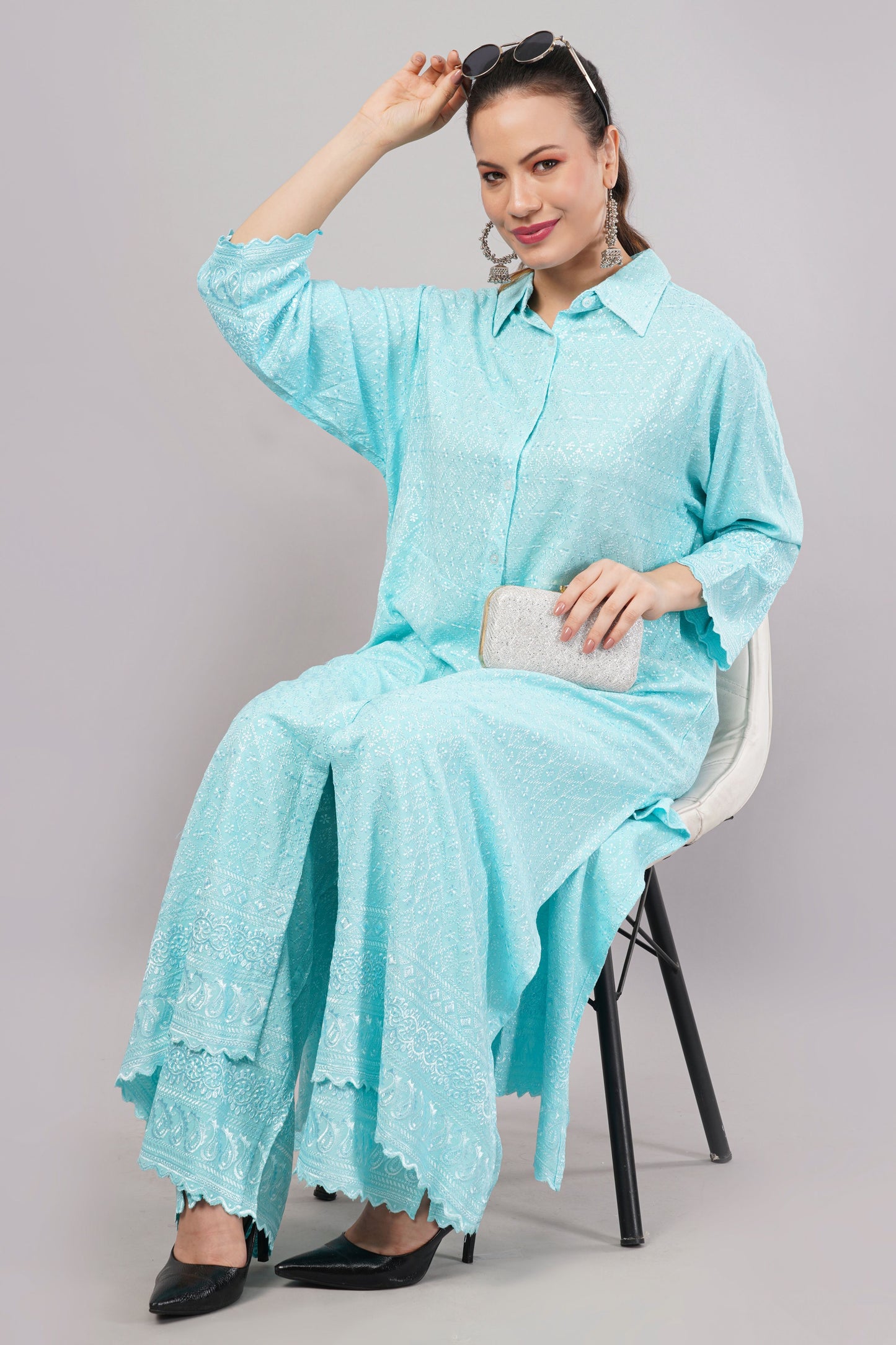 Sky Blue Ethnic Print Co-ord Set | Longline Tunic Shirt with Embroidery