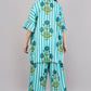 Sky Blue Striped Co-ord Set with Botanical Print | Ruffle Sleeve Shirt & Wide-Leg Pants