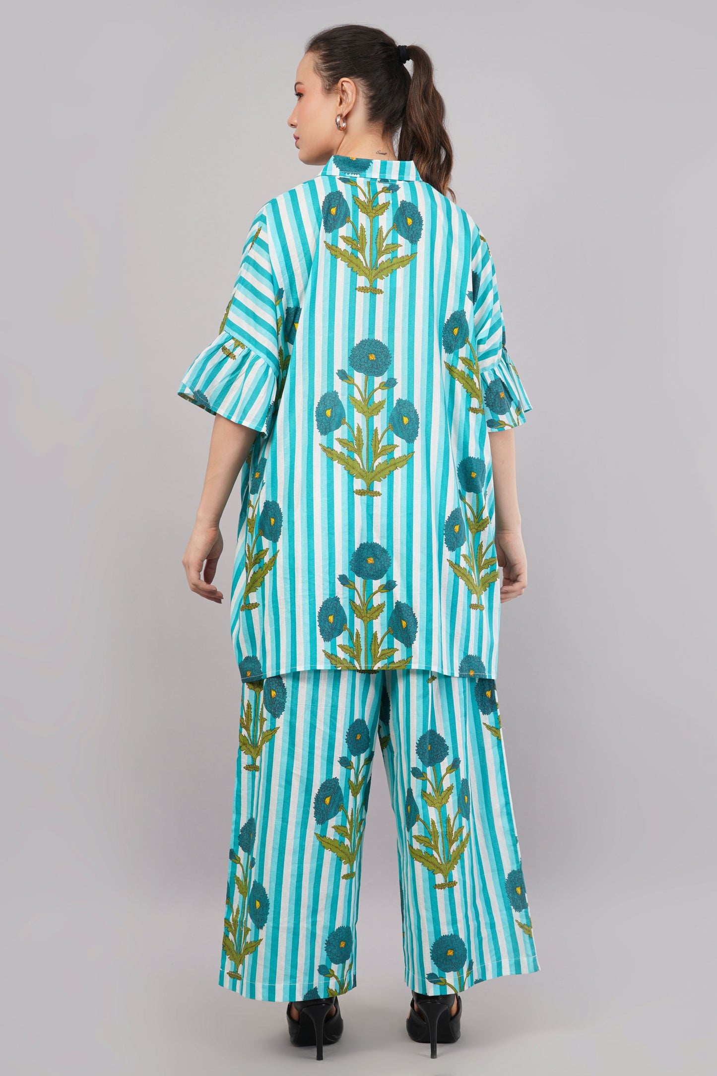 Sky Blue Striped Co-ord Set with Botanical Print | Ruffle Sleeve Shirt & Wide-Leg Pants