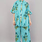 Sky Blue Striped Co-ord Set with Botanical Print | Ruffle Sleeve Shirt & Wide-Leg Pants