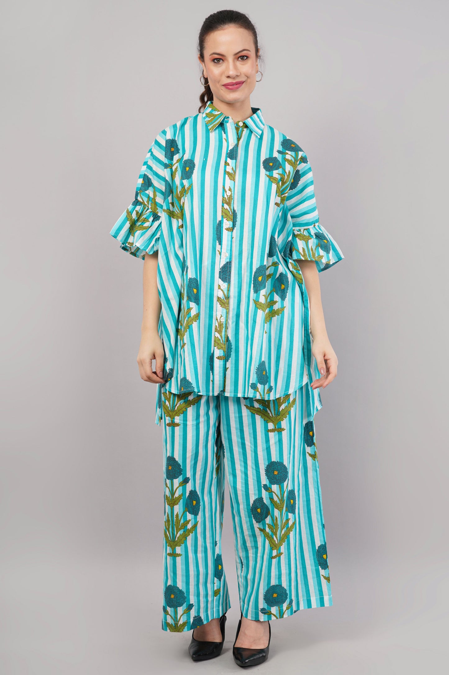 Sky Blue Striped Co-ord Set with Botanical Print | Ruffle Sleeve Shirt & Wide-Leg Pants