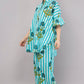 Sky Blue Striped Co-ord Set with Botanical Print | Ruffle Sleeve Shirt & Wide-Leg Pants