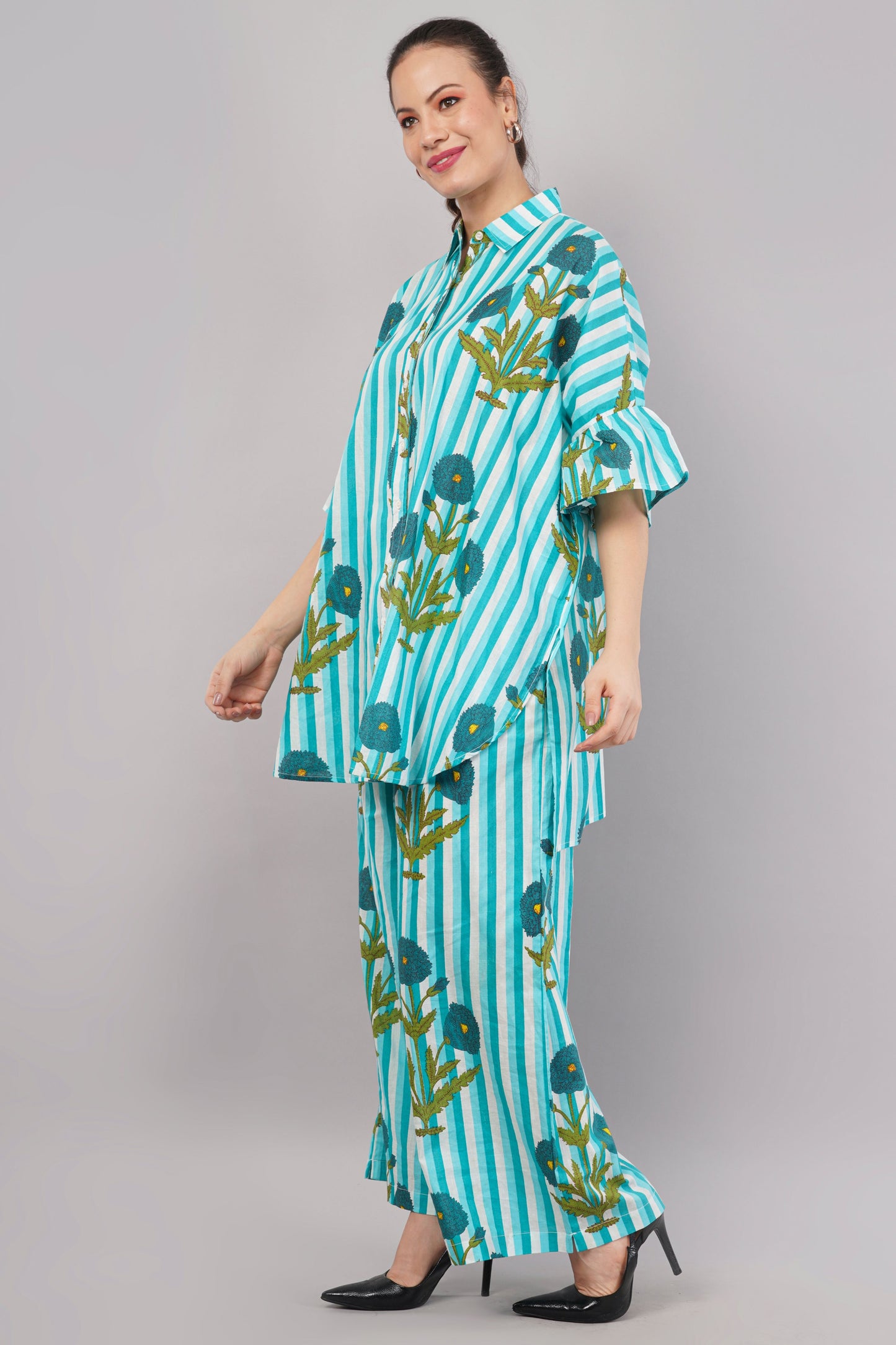Sky Blue Striped Co-ord Set with Botanical Print | Ruffle Sleeve Shirt & Wide-Leg Pants