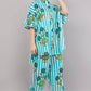 Sky Blue Striped Co-ord Set with Botanical Print | Ruffle Sleeve Shirt & Wide-Leg Pants