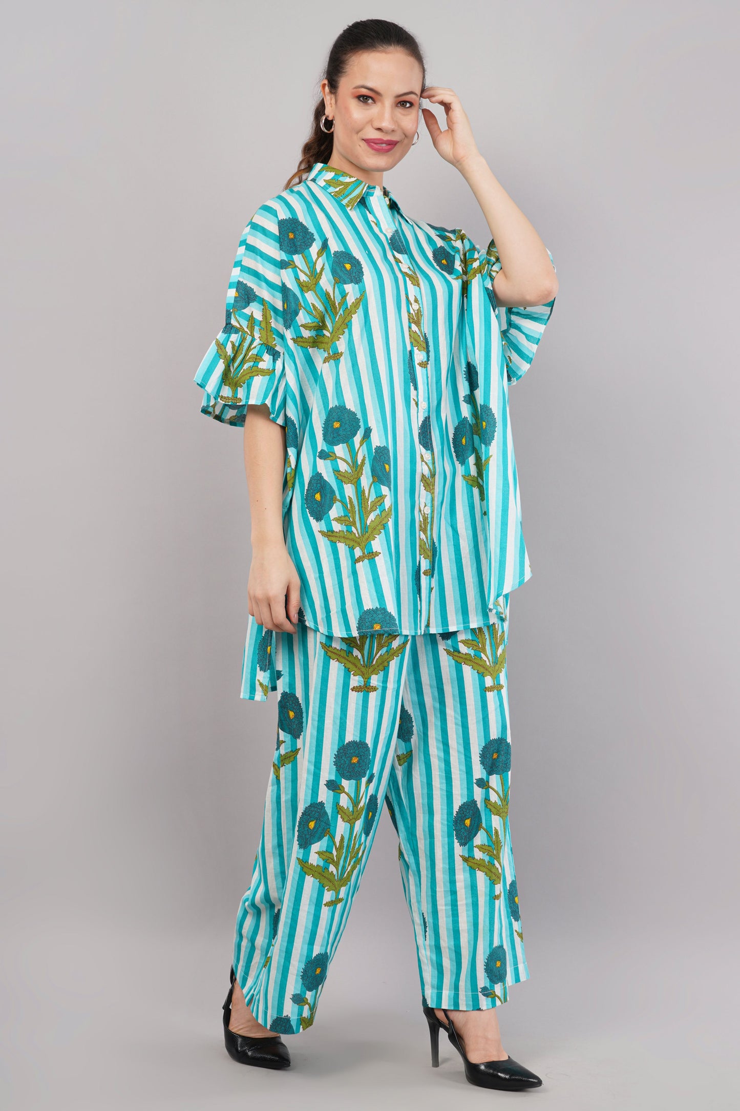 Sky Blue Striped Co-ord Set with Botanical Print | Ruffle Sleeve Shirt & Wide-Leg Pants
