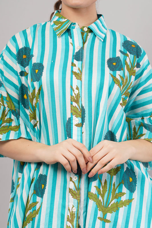 Sky Blue Striped Co-ord Set with Botanical Print | Ruffle Sleeve Shirt & Wide-Leg Pants