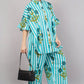 Sky Blue Striped Co-ord Set with Botanical Print | Ruffle Sleeve Shirt & Wide-Leg Pants