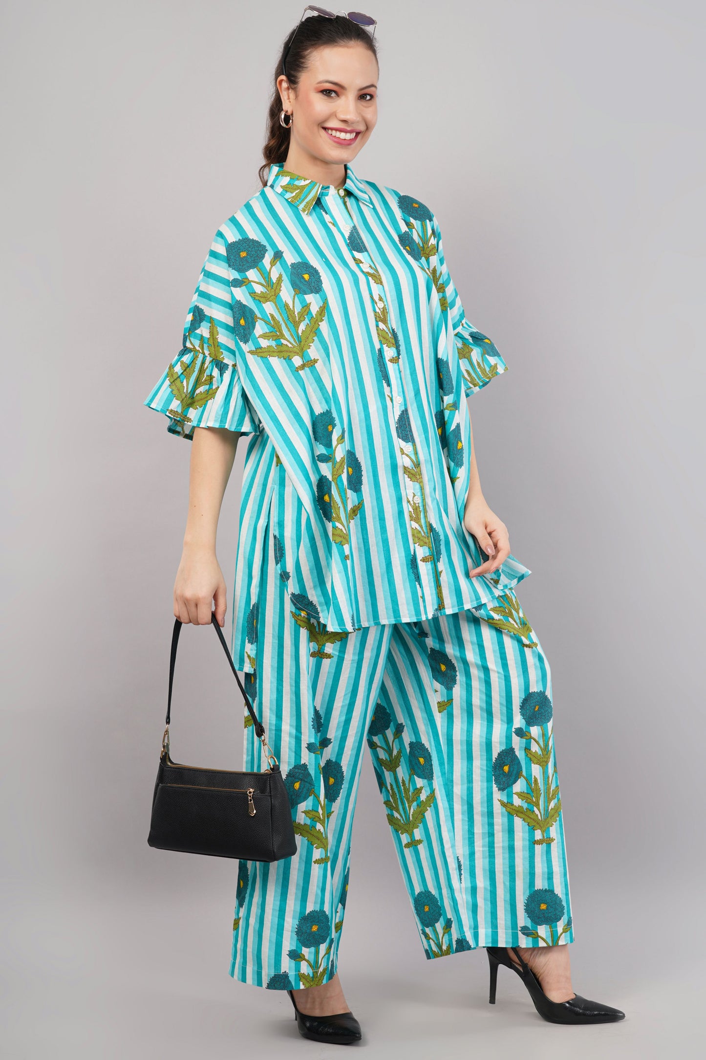 Sky Blue Striped Co-ord Set with Botanical Print | Ruffle Sleeve Shirt & Wide-Leg Pants