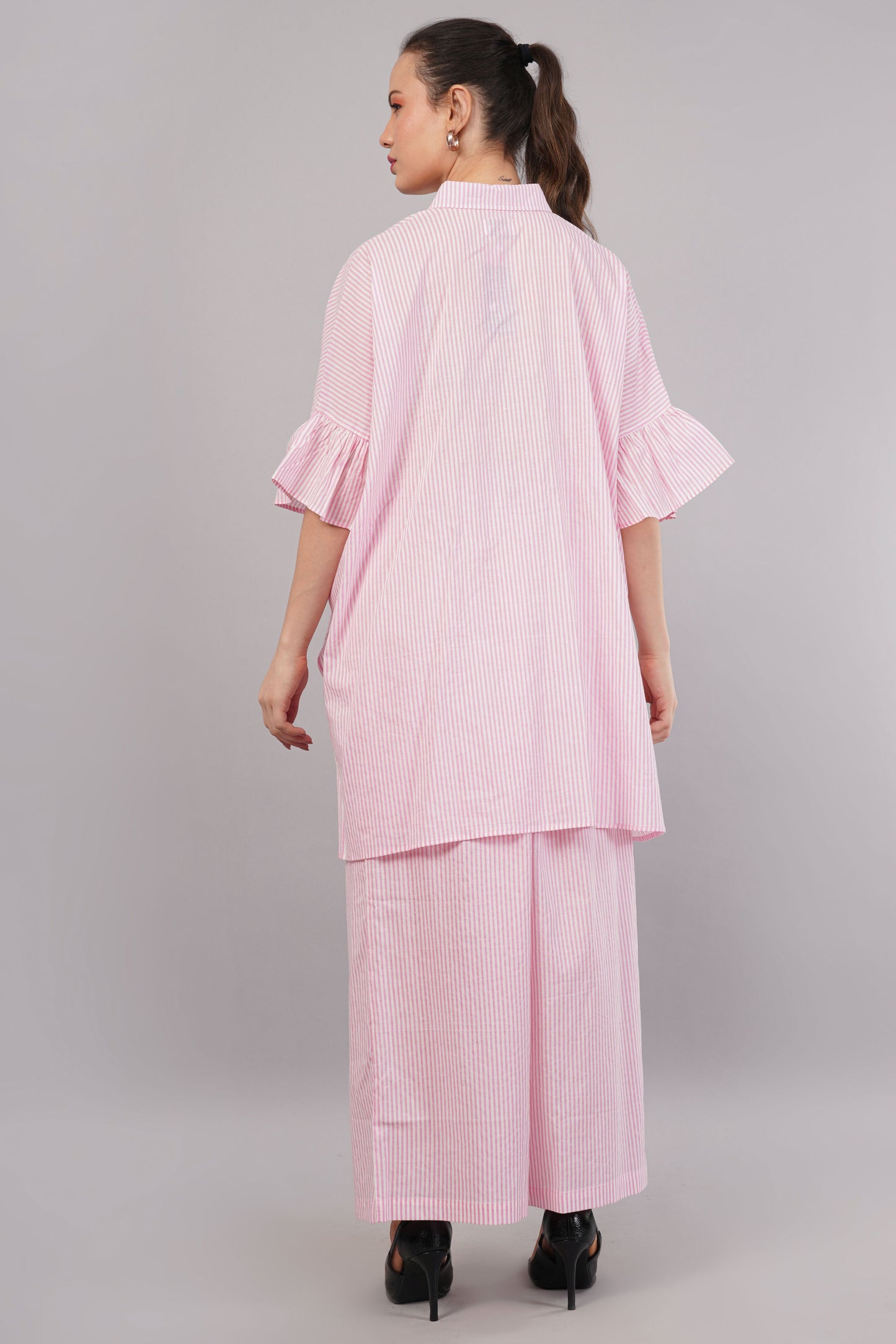 Pink & White Striped Co-ord Set with Red Floral Embroidery | Ruffle Sleeve Shirt & Pants