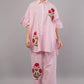 Pink & White Striped Co-ord Set with Red Floral Embroidery | Ruffle Sleeve Shirt & Pants