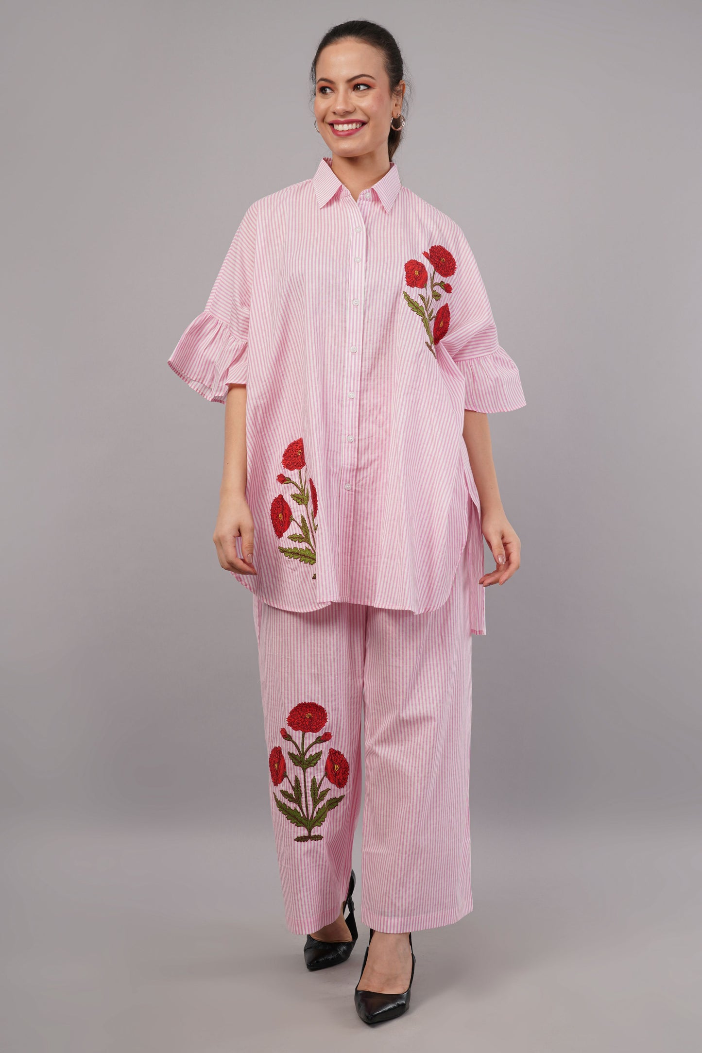 Pink & White Striped Co-ord Set with Red Floral Embroidery | Ruffle Sleeve Shirt & Pants
