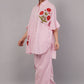 Pink & White Striped Co-ord Set with Red Floral Embroidery | Ruffle Sleeve Shirt & Pants