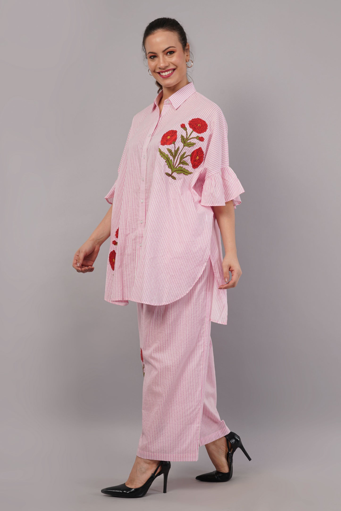 Pink & White Striped Co-ord Set with Red Floral Embroidery | Ruffle Sleeve Shirt & Pants