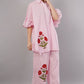 Pink & White Striped Co-ord Set with Red Floral Embroidery | Ruffle Sleeve Shirt & Pants