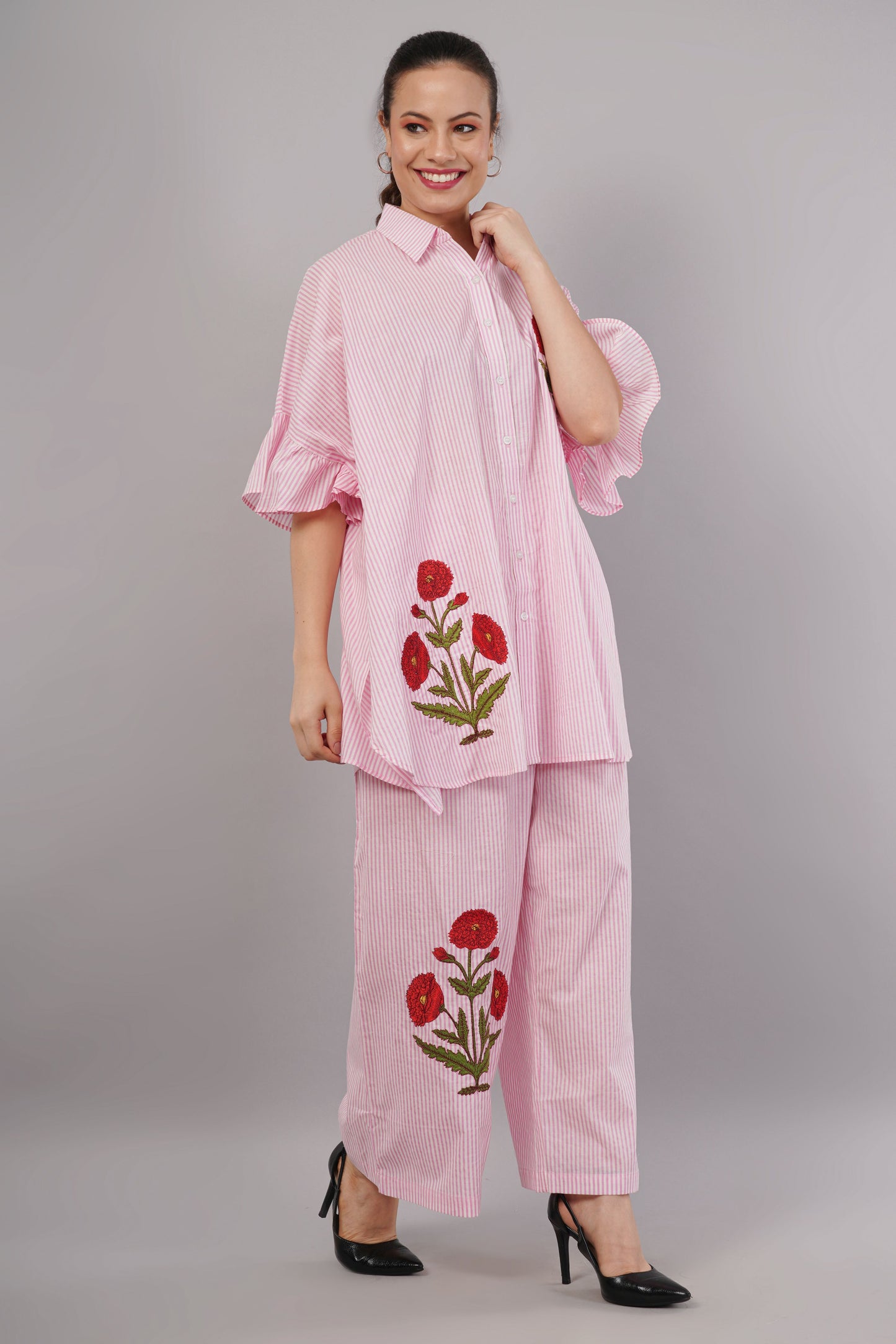 Pink & White Striped Co-ord Set with Red Floral Embroidery | Ruffle Sleeve Shirt & Pants