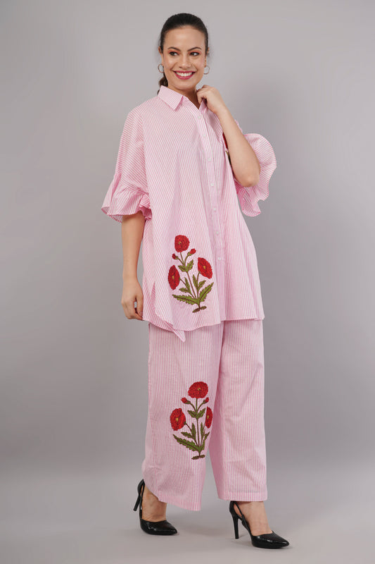 Pink & White Striped Co-ord Set with Red Floral Embroidery | Ruffle Sleeve Shirt & Pants