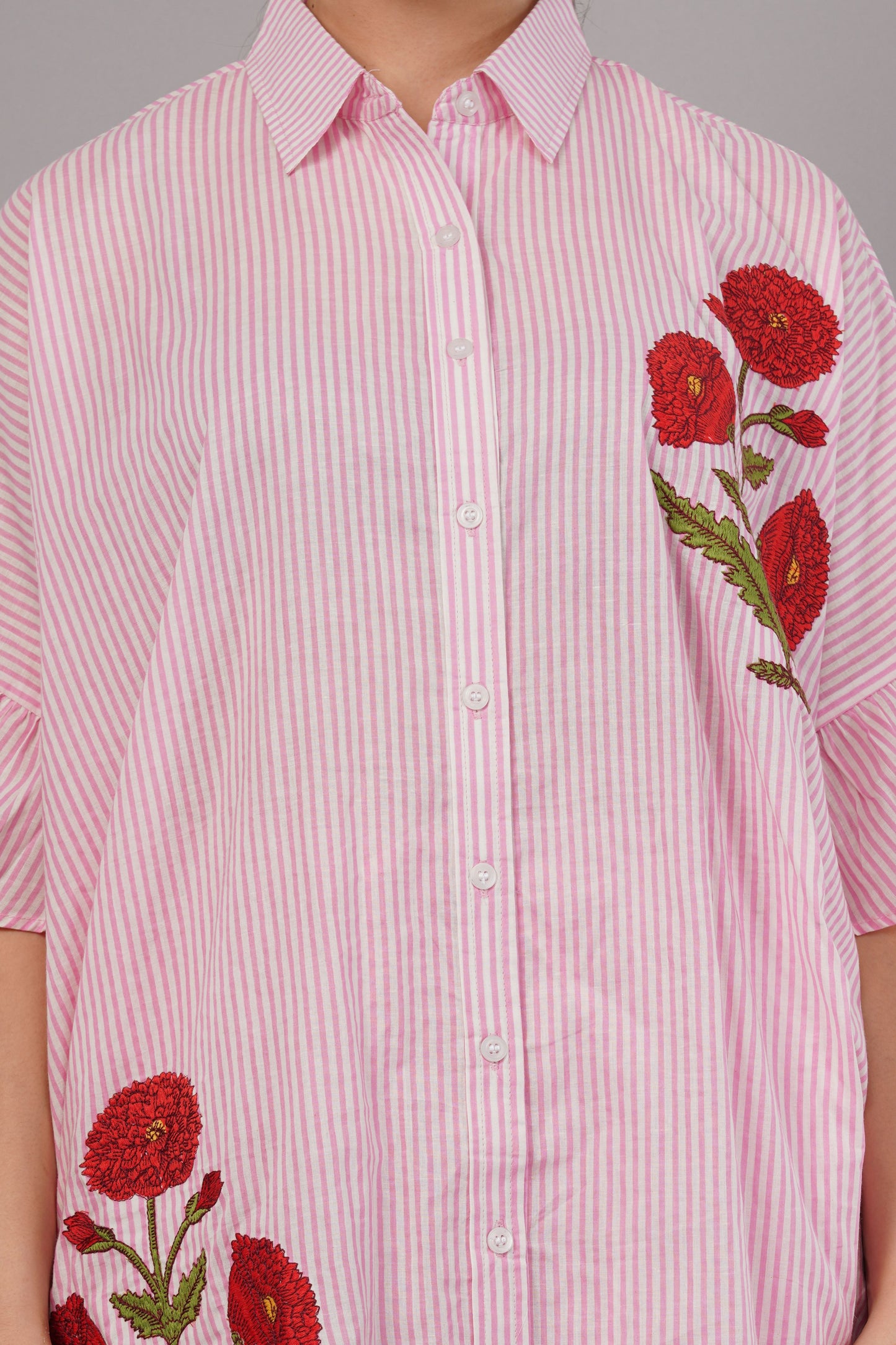 Pink & White Striped Co-ord Set with Red Floral Embroidery | Ruffle Sleeve Shirt & Pants