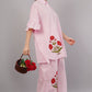 Pink & White Striped Co-ord Set with Red Floral Embroidery | Ruffle Sleeve Shirt & Pants