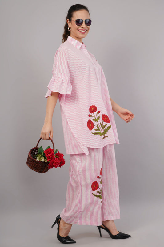 Pink & White Striped Co-ord Set with Red Floral Embroidery | Ruffle Sleeve Shirt & Pants