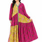 Pink & Yellow Cotton Block Print Tiered Maxi Dress - Indo Western Fusion Gown