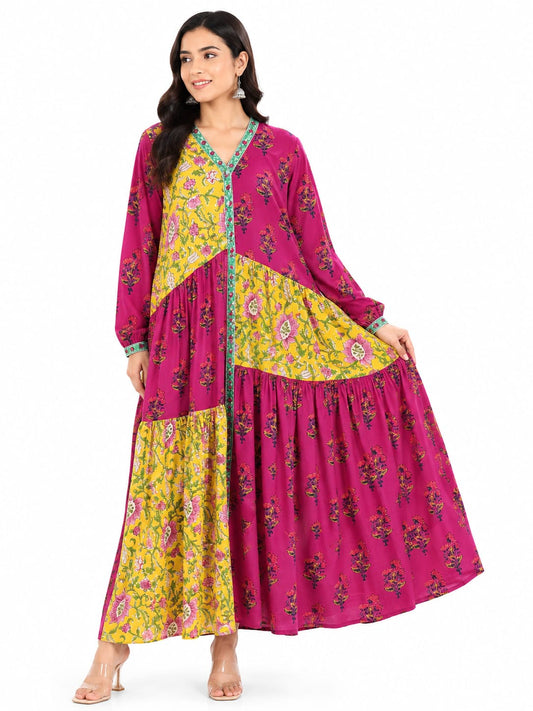 Pink & Yellow Cotton Block Print Tiered Maxi Dress - Indo Western Fusion Gown