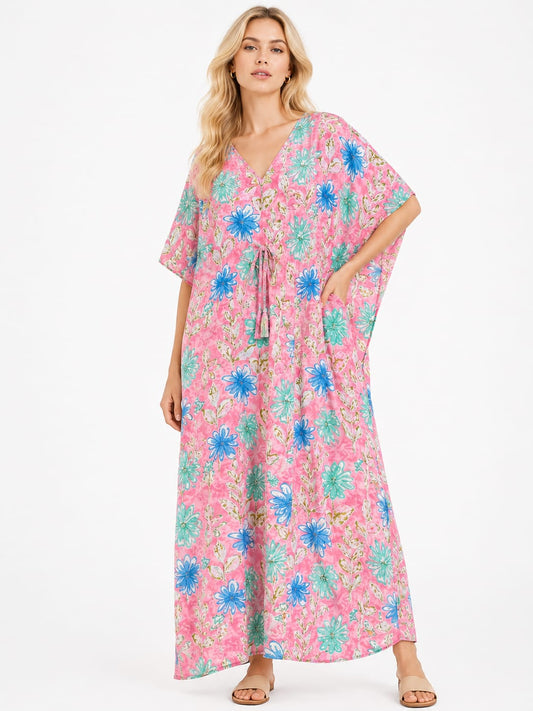 Pink & Blue Floral Print Maxi Kaftan Dress - Cotton Drawstring Loungewear
