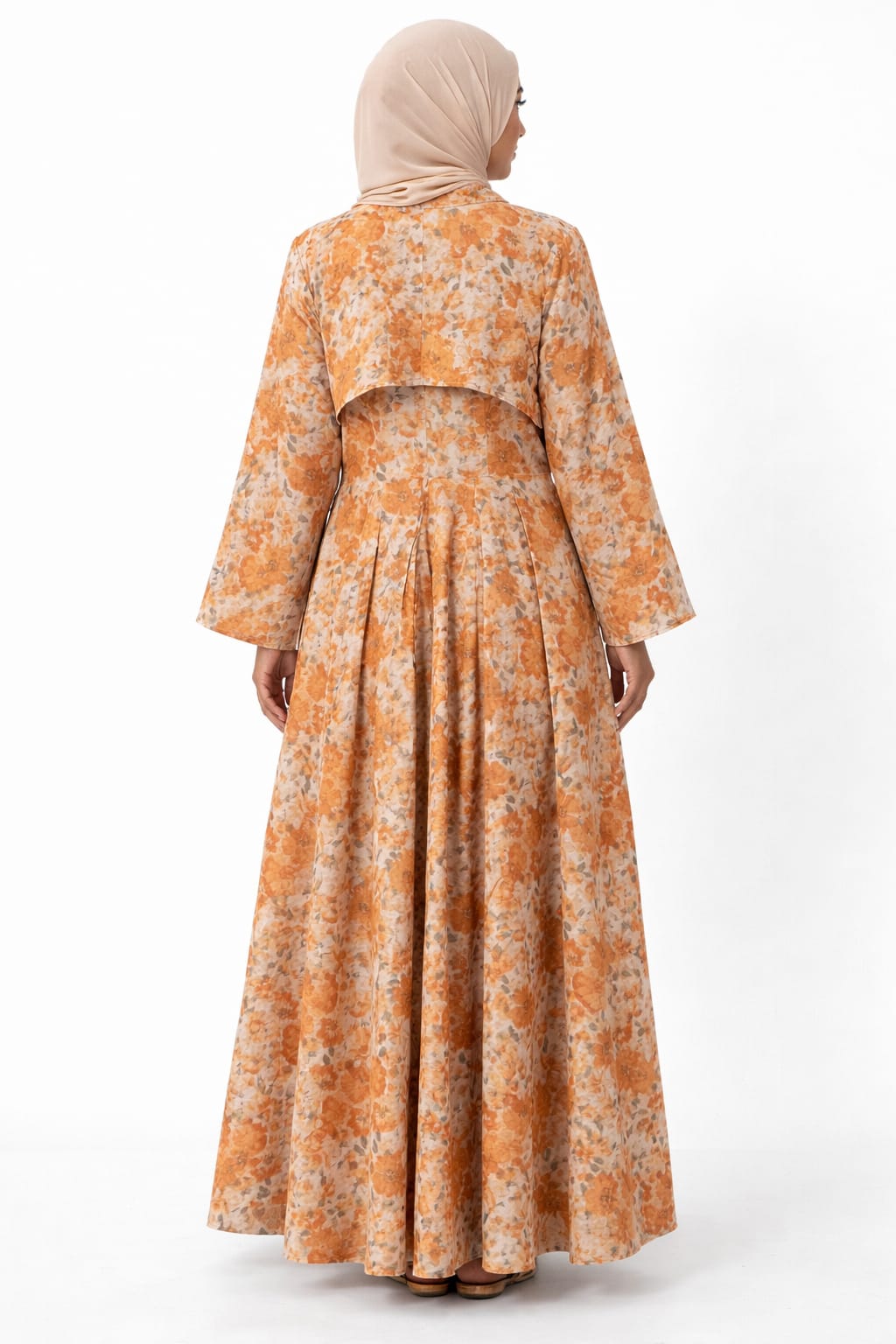 Orange floral dress with a matching hijab on a white background