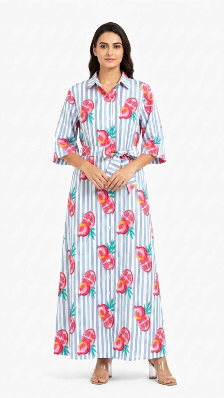 Woman wearing a long dress with a colorful fruit pattern on a white background