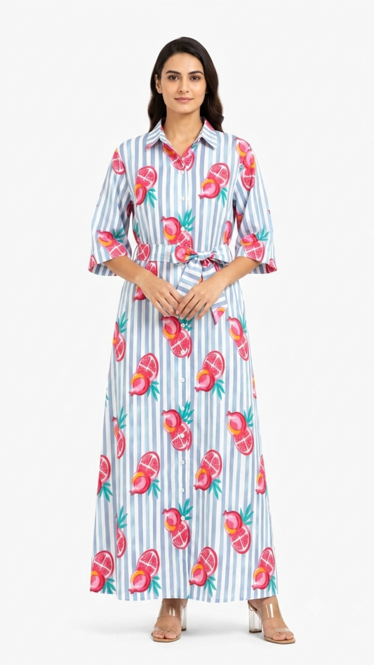 Woman wearing a long dress with a colorful fruit pattern on a white background