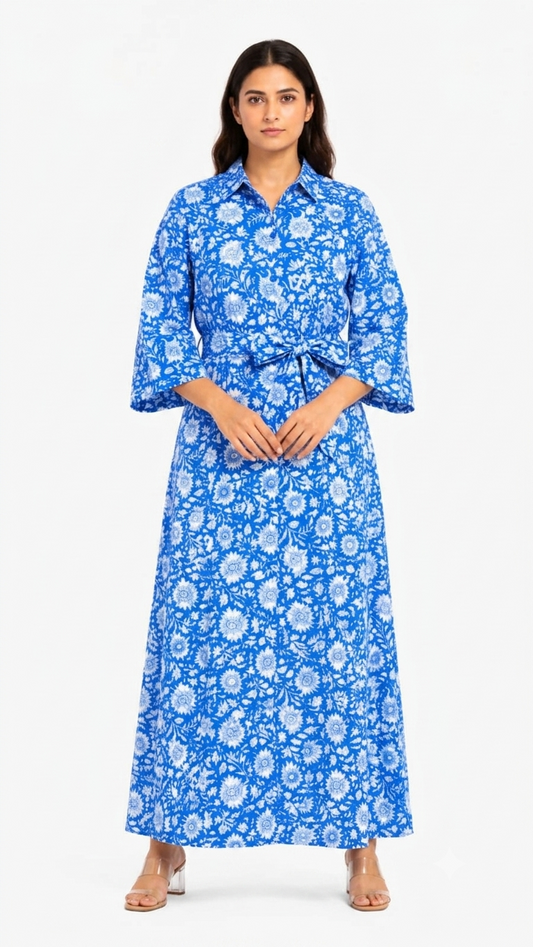 Woman wearing a blue floral dress on a white background