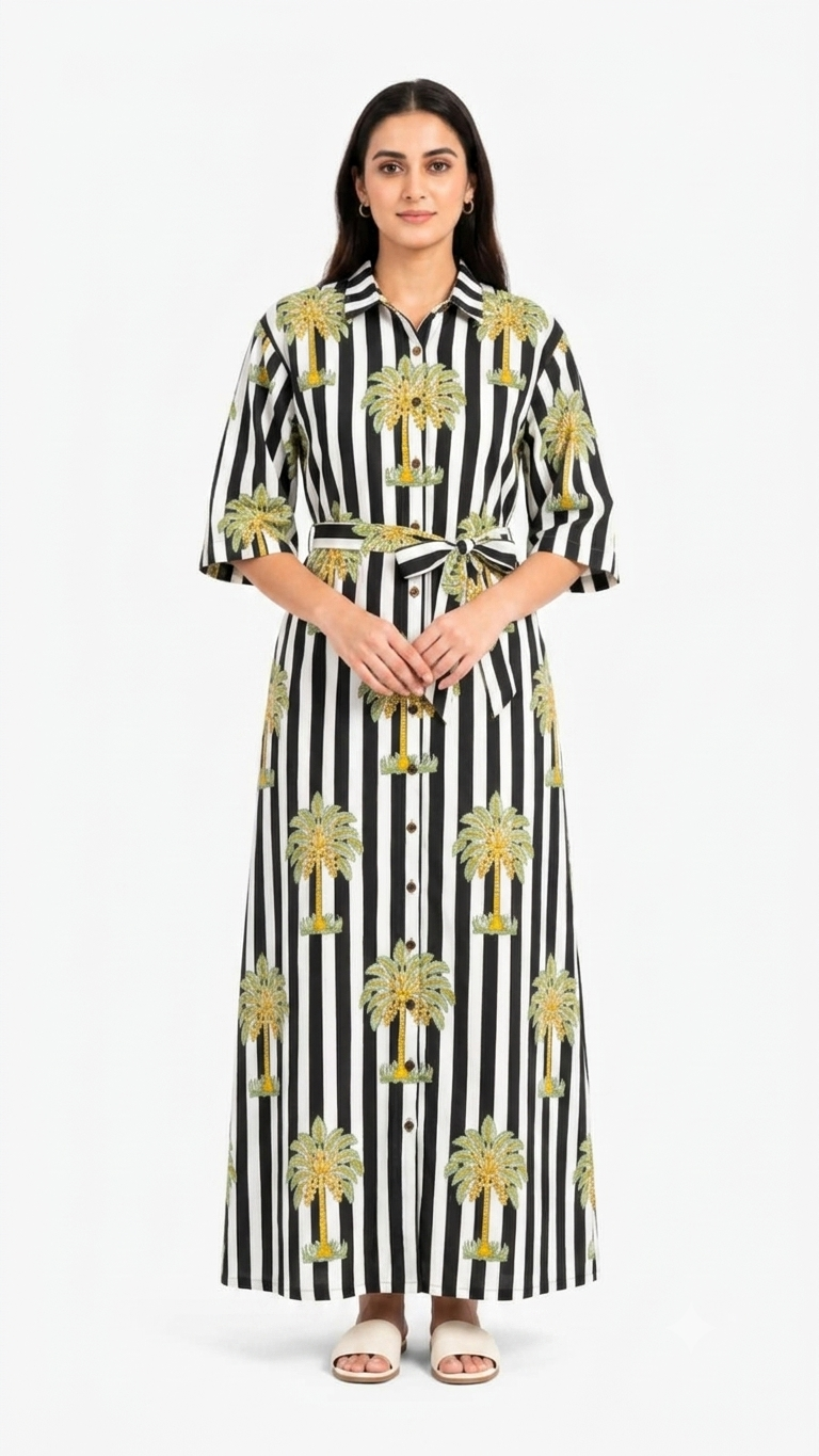 Woman wearing a black and white striped dress with yellow floral patterns on a white background