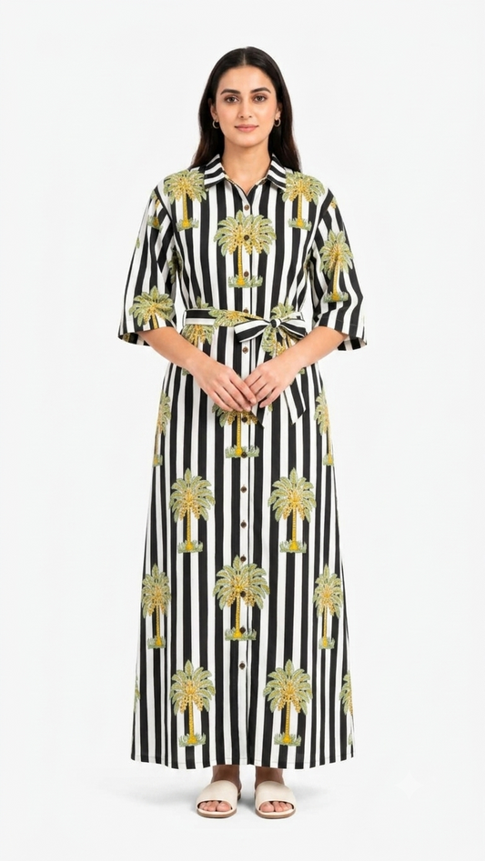 Woman wearing a black and white striped dress with yellow floral patterns on a white background