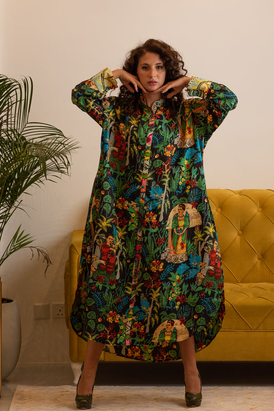 Black Multicolor Frido Kahlo Print Kaftan Dress